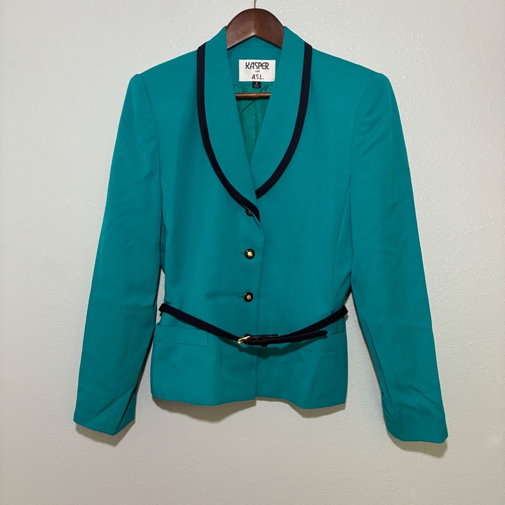 Kasper for ASL Womens Teal Blazer Navy Trim Belted Shawl Collar Jacket Size 8